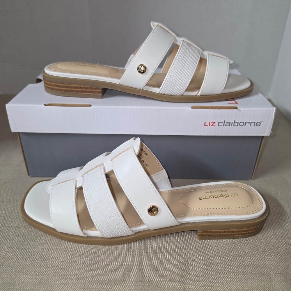 Liz Claiborne Meridian White Slide Sandals Memory Foam Flat Shoes 6.5M - New